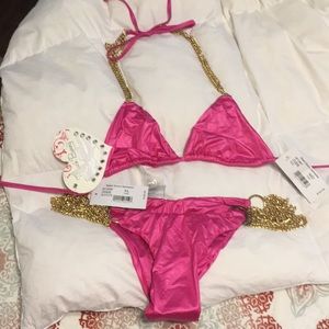 Little Bad Girl Beach Bunny Hot Pink/Gold Bikini